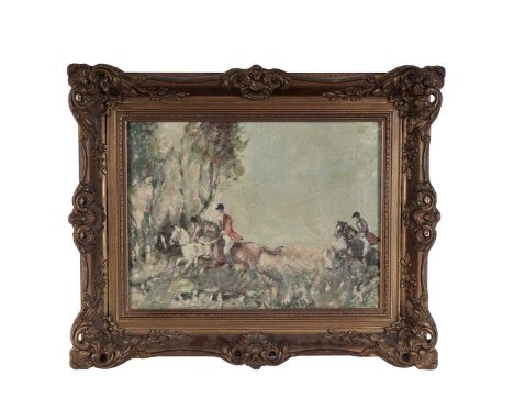20th Century - A Hunting Scene, oil on canvas, indistinctly signed, 28 x 38cms, 45 x 55cms in frame.