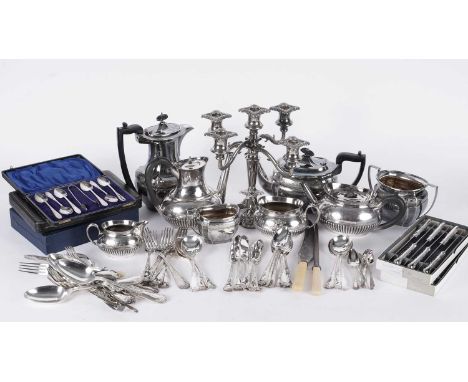A selection of silver-plated wares, comprising: two three-piece silverplated tea services, two coffee pots, a five-branch can