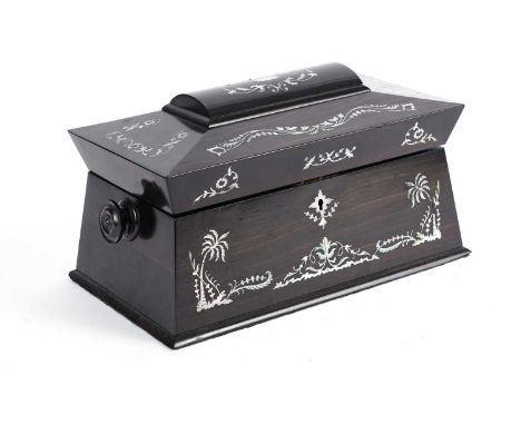 A Victorian walnut tea caddy, with floral and foliate mother-of-pearl inlaid throughout, the hinged lid opening to reveal two