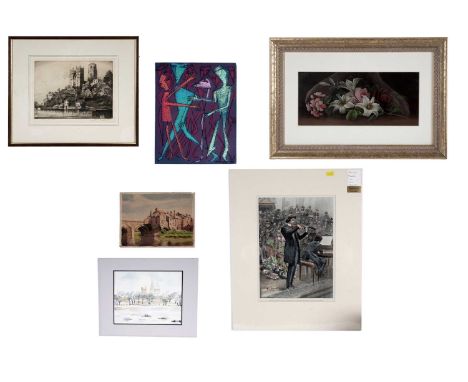 Sundry pictures and prints, comprising: E. Steele “Flower Study”, signed, oil on board, 16 x 36cms, 36 x 53cms in frame; toge