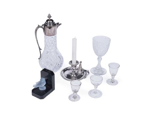 A collection of glassware, comprising: a cut-glass claret jug with silver plated mount, 33cms; an early 20th Century wine gla