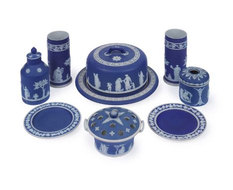 A collection of 19th Century Wedgwood Jasperware, to include a pair of spill vases, 16.5cms; a hair tidy, 9cms; a cheese dish