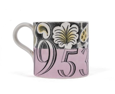 Eric Ravilious for Wedgewood: a 1953 commemorative mug, commemorating Queen Elizabeth II’s coronation, with printed and pink 