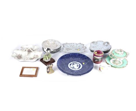 A collection of 19th Century ceramics, including: a Pratt ware tobacco jar; a part Derby style dessert service, decorated wit