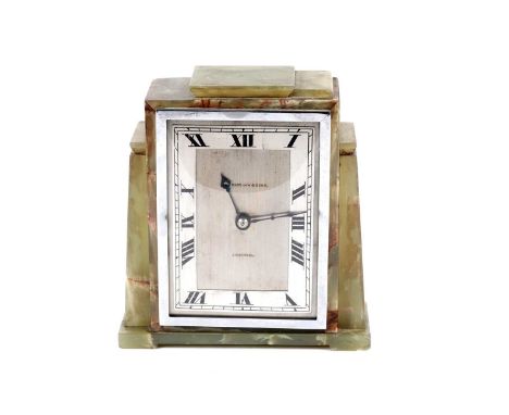 An Art Deco onyx mantle clock, with silvered Roman dial, stamped 'John Bagshaw &amp; Sons, Liverpool', 18cms high.