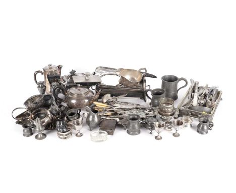 A collection of early 20th/late 19th Century silver plate and metal wares, to include; flatware; pewter tankards; a Walker &a