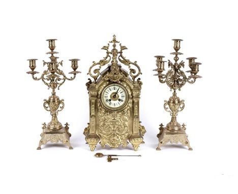 Japy Frères &amp; Cie: a 19th Century brass 8-day mantel clock, with white enamel roman dial, fitted a Japy Freres two train 