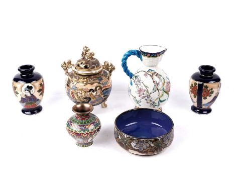 A collection of ceramics, to include: a satsuma koro and cover, 27cms; a pair of Japanese satsuma vases; a cloisonne vase; a 