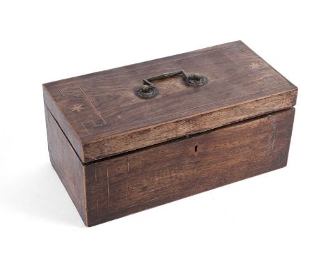 A Victorian inlaid walnut tea caddy, the hinged lid with brass swing handle opening to reveal two compartments (lacking jar),
