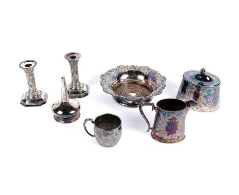 A collection of Victorian and later silver plate, comprising: A tea caddy, the tapered body with floral swag engraving and a 
