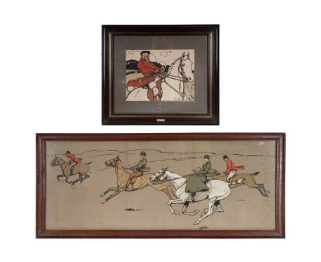 After Cecil Aldin (1870-1935), "Hunting", 24 x 32cms, 47 x 55cms in frame, and one other sporting scene, 27 x 70cms, 32 x 76c