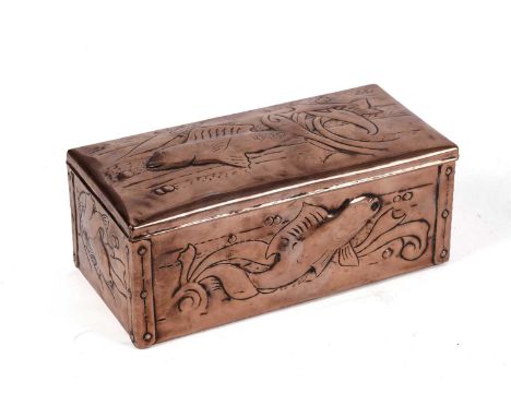 A Newlyn School style Arts and Crafts copper lidded box, decorated with fish, 17 x 18 x 7cms.