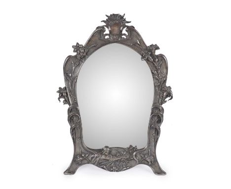 A WMF style Art Nouveau silver plated easel mirror, decorated with a female figure and floral motifs, 34cms wide x 48cms high