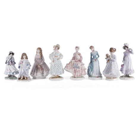 A collection of Royal Worcester ceramic figures, including: ‘The Crinoline’; ‘I Wish’; ‘The Bustle’; ‘The Romantic’; ‘I Dream