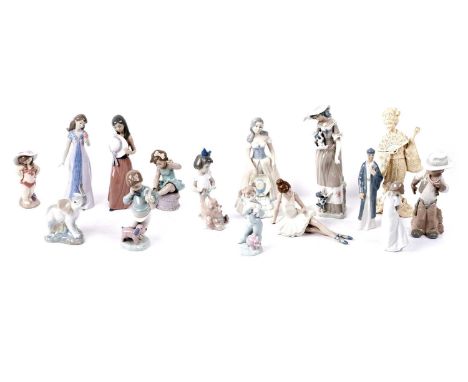 A collection of Lladro, Nao and other ceramic figures, to include: a Lladro figure modelled as a cowboy 27cms; three Nao figu