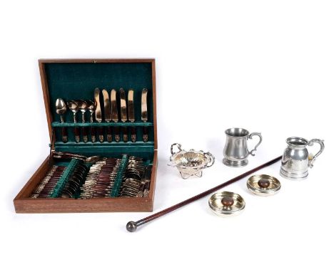 A canteen of Thai nickel and bronze cutlery, in fitted teak case; together with other items, comprising: two pewter tankards;