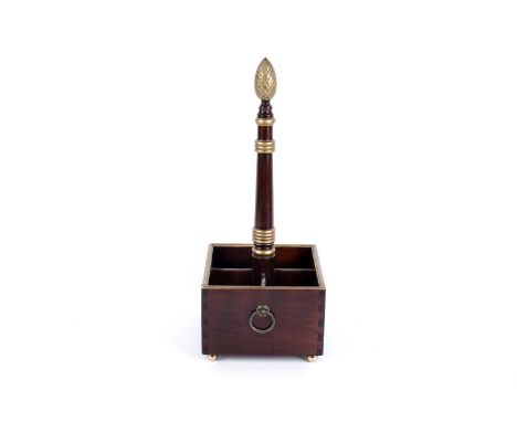 A 20th Century mahogany and giltwood decanter/wine carrier, in the Empire taste, with carved acorn finial raised on turned co