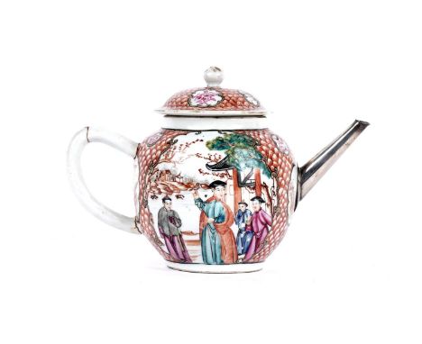 A Chinese 'Mandarin' palette famille rose teapot, Qianlong, with silver spout replacement, decorated with panels of dignitari