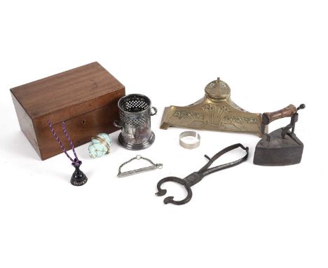 A collection of mainly brass and silver plated wares, including: an Art Nouveau brass inkwell, with glass liner, 24cms wide; 