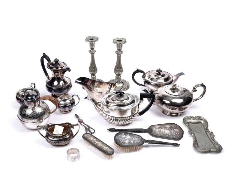 A collection of Victorian and later silver plate, including: a Walker &amp; Hall four piece tea and coffee set, with gadroone