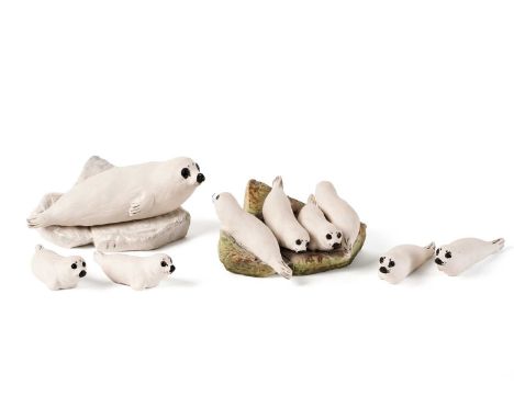 Shebeg Pottery, Isle of Man: a collection of ceramic figural studies of seals, comprising: a figure group of four seals resti