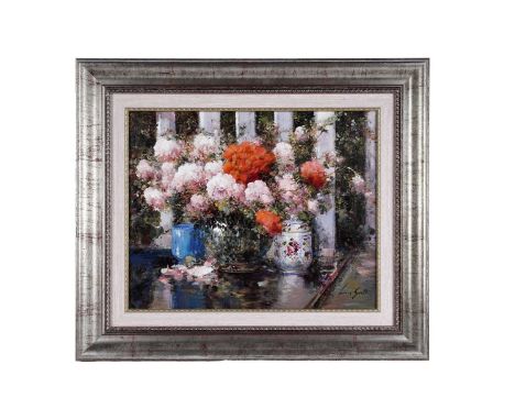Lucie Sarto (20th Century) A still life study of flowers, signed, oil on canvas, 39.5 x 49cms, 59 x 69cms in frame.
