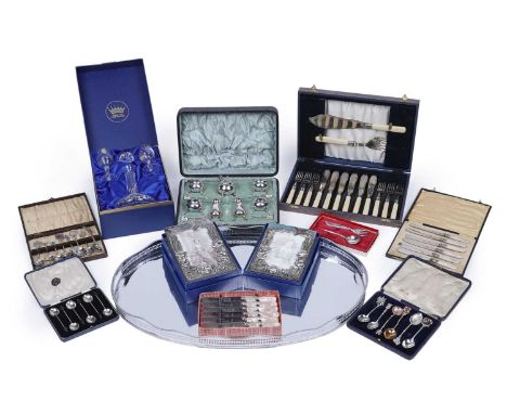 A cased set of six silver coffee spoons, Marson and Jones, Birmingham 1933, 34grms; a cased cruet set, comprising salt, peppe
