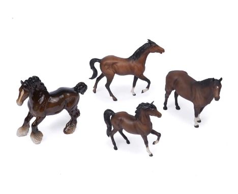 A collection of Beswick ceramic figures of horses, including: Cantering Shire Horse, 975, with box; Spirit of Fire, in matte 