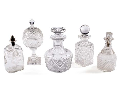 A selection of 20th Century cut-glass, including: a decanter with etched thistle decoration, with a cork stopper with brass m