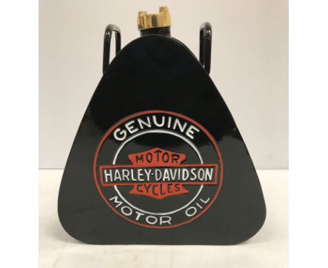 A modern painted metal triangular fuel can inscribed "Harley Davidson Motorcycles Genuine Motor Oil"