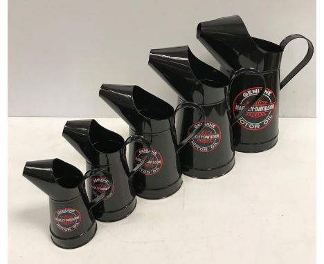 A set of five modern graduated painted metal oil cans bearing labels "Harley Davidson Motocycles Genuine Motor Oil"