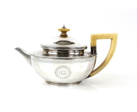 George III silver teapot, by John Emes, London 1801, the squat circular body decorated with a ribbon border and monogrammed  