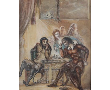 19th century painting of the devil playing chess against a prisoner with both being aided by archangels and an angel, monogra