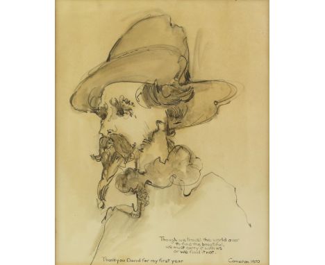 Cameron (British, 20th century), head and shoulders portrait of a man in a large hat with a goatie beard, inscribed 'Though w