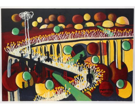 John Mackay (British 20th/21st century), abstract composition with figures in top hats and white palm trees, signed and dated