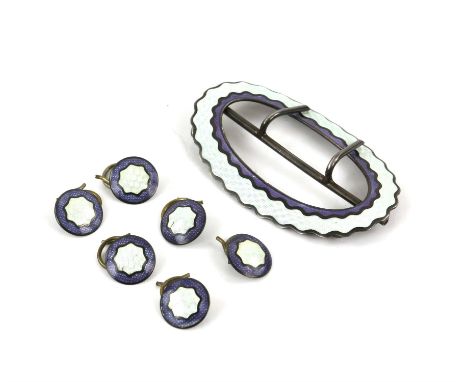 Edward VII silver and enamel buckle and matched button set, buckle by Levi and Salaman, Birmingham 1910, each button marked s