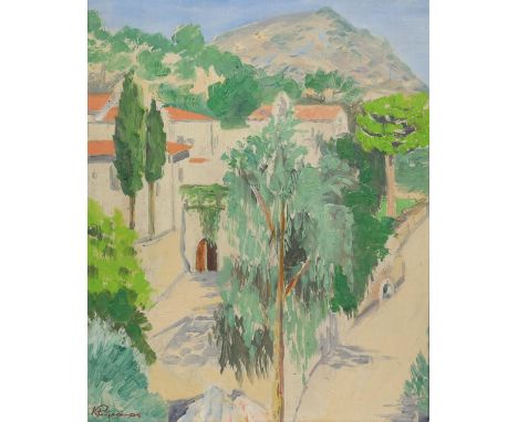 K Fumanos? Greek 20th century, landscape with buildings, trees and a mountain in the distance, signed, oil on board, 29cm x 2