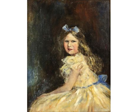 20th century English School, portrait of a young girl in a cream dress with a blue bow in her hair, unsigned, oil on canvas, 