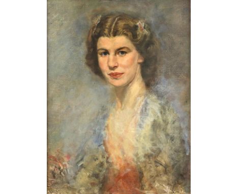 § David Jagger (British, 1891-1958). Portrait of a young lady. Oil on canvas, unsigned. 61 x 46cm. Framed. With torn label ve