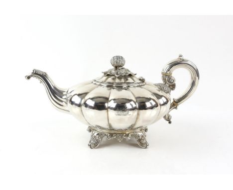 William IV silver teapot, by Edward, Edward junior, John & William Barnard, London 1832, of squat lobed form, the body engrav