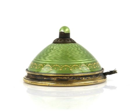 Early 20th century Norwegian silver and guilloche enamel bell push, of domed form with green guilloche enamel with gilt detai