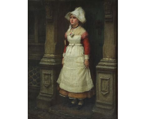 19th century portrait of a Dutch girl, full length standing in a doorway wearing an apron, oil on canvas, 51 x 39cm