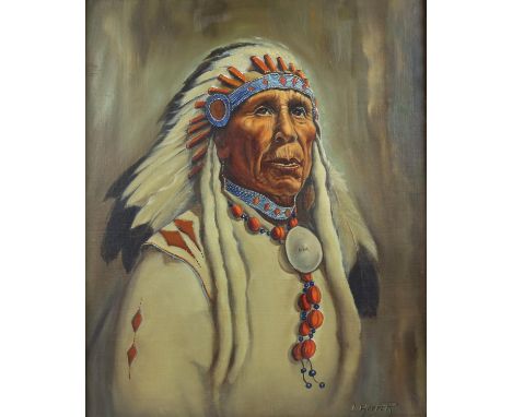 LM Harper. Portrait of an Indian Chief of the Blackfoot Tribe. Oil on board, signed lower right, 1964, with artist's label ve