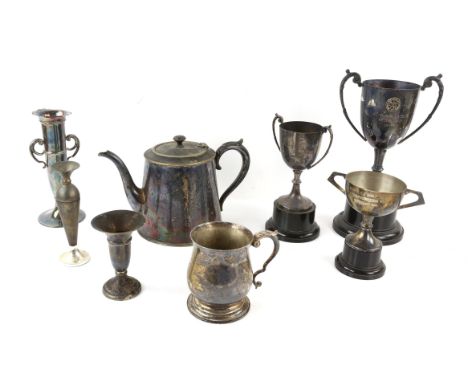 Selection of silver-plated items to include a mug, teapot, three trophy cups, bud vases, a napkin ring and a large oval tray