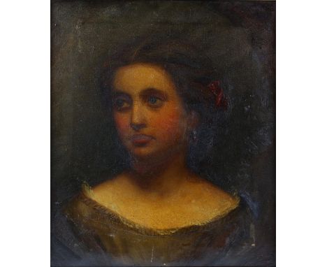 19th century English School, head and shoulders portrait of a young woman with a red bow in her hair, oil on canvas, 43cm x 3