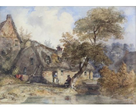 William Shepherd, 19th century, Cottages with old lady smoking a pipe, signed and dated 1842 under the mount, watercolour, 22