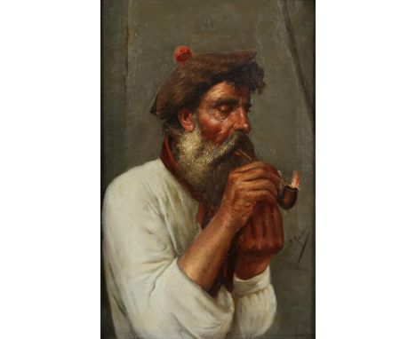 Salvatore Maresca, Italian 19th/20th century, bearded man lighting his pipe, signed, oil on canvas, 39cm x 24.5cm,