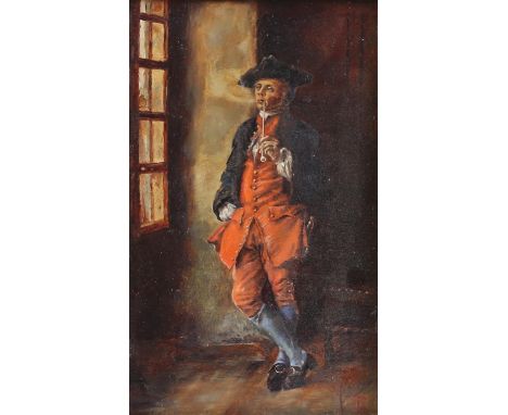 19th century oil on board depicting an 18th century man in a tricorn hat and red waistcoat and breeches smoking a pipe, monog