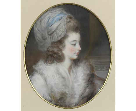 Daniel Gardner (British, 1750-1805), portrait of a lady in a robe and cap,in an oval mount, gouache and pencil, 24cm x 20cm. 