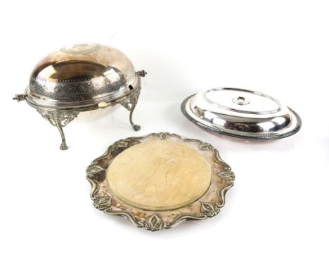 Selection of silver-plated items to include a breakfast dish with retractable cover, an insulated under dish, a water pitcher